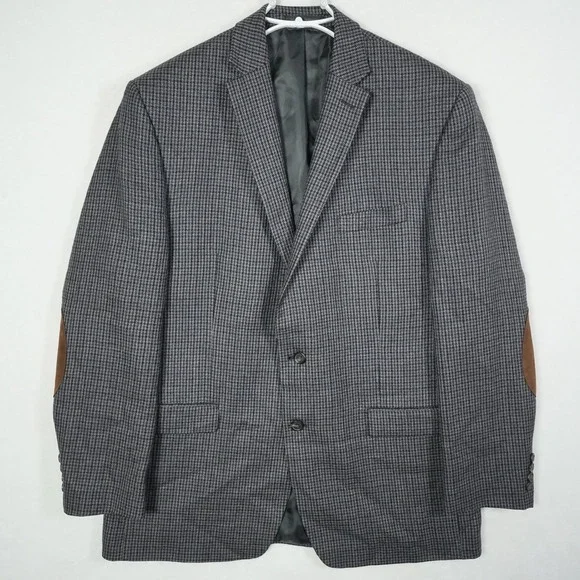 Chaps Mens 44L 100% Wool Houndstooth Sport Coat Blazer Grey Blue Elbow Patches - Picture 2 of 11